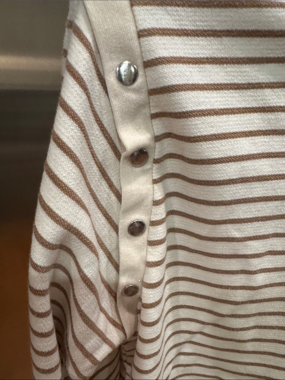 Anthropologie Cream and Tan Striped Button-Shoulder Long Sleeve Top - Picture 4 of 12